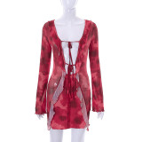 Long Sleeve Tie-up Detail Printed Bodycon Dress