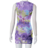 Round Neckline Tie-Dye Mesh Dress