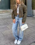 Women Casual Button Up Solid Color Varsity Jacket with Two Big Pockets