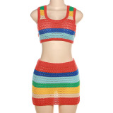 Casual Sleeveless O-neck Skinny Vestido Knitted Rainbow Mini Dress Set