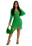 Sexy Long Sleeve Ripped Knit Hooded Sexy Slim Dress