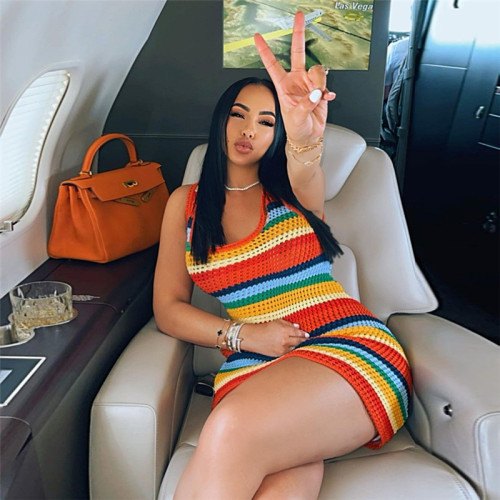 High-Waisted Colorblock Sleeveless Bodycon Dress
