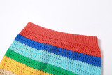 Casual Sleeveless O-neck Skinny Vestido Knitted Rainbow Mini Dress Set