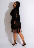 Sexy Long Sleeve Ripped Knit Hooded Sexy Slim Dress