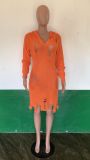 Sexy Long Sleeve Ripped Knit Hooded Sexy Slim Dress