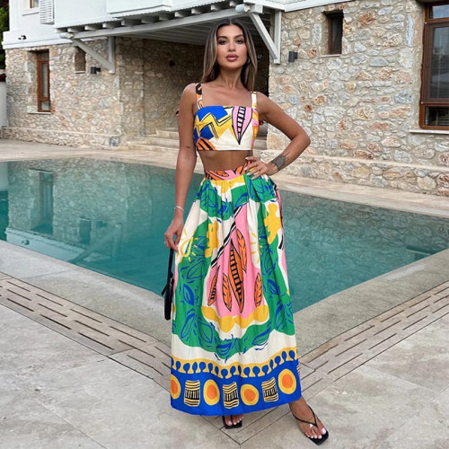 Women Pleated Midi Skirts Sets Print Woman Suit Crop Top Casual Loose Skirts Two Piece Set