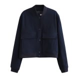Women Casual Button Up Solid Color Varsity Jacket with Two Big Pockets