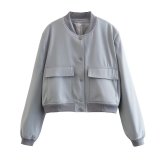 Women Casual Button Up Solid Color Varsity Jacket with Two Big Pockets