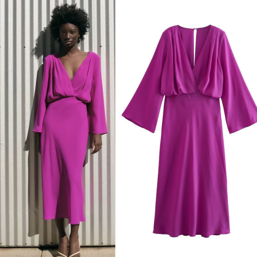 Elegant Retro Fashion Purple Surplice V Neck Long Sleeve Midi Dress