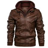 Men's Faux Leather with Double Zipper Detachable Hood Motorcycle  Jacket