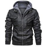 Men's Faux Leather with Double Zipper Detachable Hood Motorcycle  Jacket
