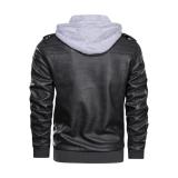 Men's Faux Leather with Double Zipper Detachable Hood Motorcycle  Jacket