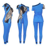 Casual Leopard Pattern Hem Slit Short Sleeve Trousers Outfits