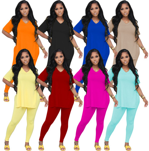 Casual Short Sleeve Slit Lace-up Blouse Long Pants Two-piece Set