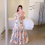 Women Print Off Shoulder Broken Flower Open Shoulder Long Dress Streetwear