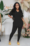 Casual Short Sleeve Slit Lace-up Blouse Long Pants Two-piece Set