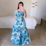 Women Print Off Shoulder Broken Flower Open Shoulder Long Dress Streetwear