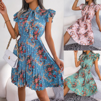 Elegance Floral Cinched Waist  Hem Pleated Skirt Midi Dresses