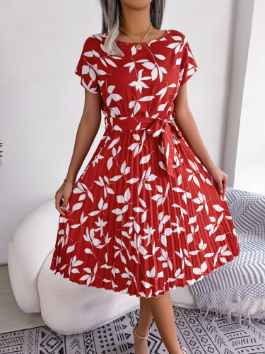Leafy Print Ruffled Hem Flared Dress