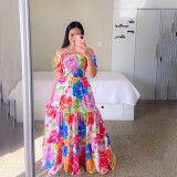 Women Print Off Shoulder Broken Flower Open Shoulder Long Dress Streetwear