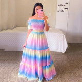 Women Print Off Shoulder Broken Flower Open Shoulder Long Dress Streetwear