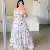 Women Print Off Shoulder Broken Flower Open Shoulder Long Dress Streetwear