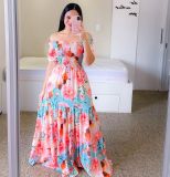Women Print Off Shoulder Broken Flower Open Shoulder Long Dress Streetwear