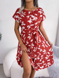 Leafy Print Ruffled Hem Flared Dress