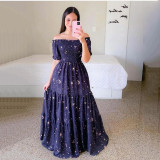 Women Print Off Shoulder Broken Flower Open Shoulder Long Dress Streetwear