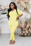 Casual Short Sleeve Slit Lace-up Blouse Long Pants Two-piece Set