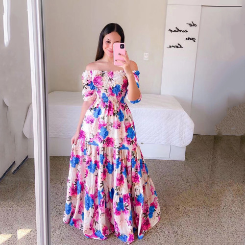 Women Print Off Shoulder Broken Flower Open Shoulder Long Dress Streetwear