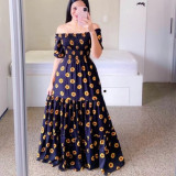 Women Print Off Shoulder Broken Flower Open Shoulder Long Dress Streetwear