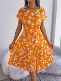 Leafy Print Ruffled Hem Flared Dress