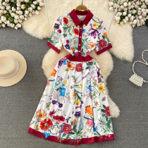 Short-sleeved Shirt Collar Waist Cinching A-line Printed Pleated Midi Dress