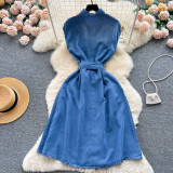 French style Waistband With a Mid Length A-line Denim Dress