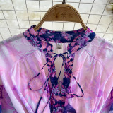 Purple Floral Print Lantern Sleeve Stand Collar A-line Dress