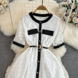 Short Sleeves Round Neck Waist Cinching Single Button Stylish A-line Dress