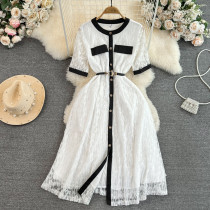 Short Sleeves Round Neck Waist Cinching Single Button Stylish A-line Dress