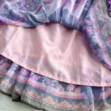 Purple Floral Print Lantern Sleeve Stand Collar A-line Dress