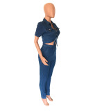 Sexy Turndown Neck Short Sleeve Hollow Out Denim Jumpsuit