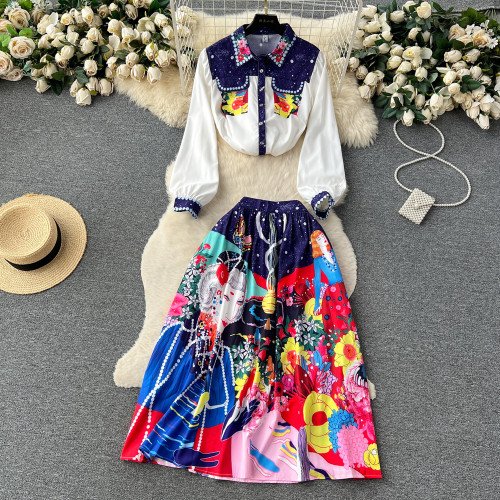 Fashionable Printed Two-Piece Set with Polo Neck Loose-Fit Shirt and High-Waisted Flared Skirt