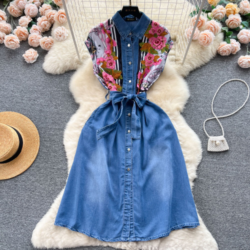 French style Waistband With a Mid Length A-line Denim Dress