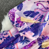 Purple Floral Print Lantern Sleeve Stand Collar A-line Dress
