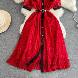 Short Sleeves Round Neck Waist Cinching Single Button Stylish A-line Dress
