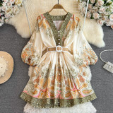 Floral Lantern Sleeve V-Neck A-Line Skirt Dress with Belt