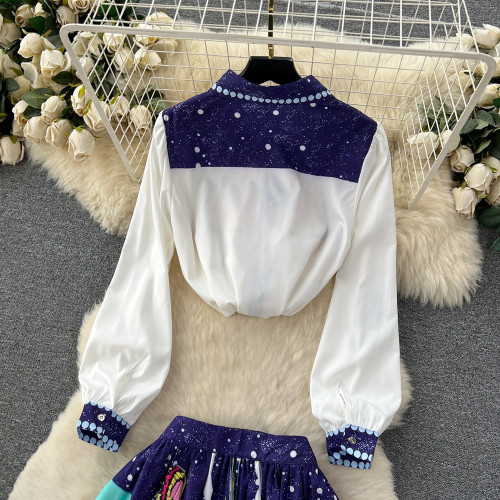 Fashionable Printed Two-Piece Set with Polo Neck Loose-Fit Shirt and High-Waisted Flared Skirt