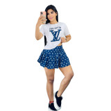 Summer Printed Short Sleeve Tops + Mini Skirt Two Piece Set