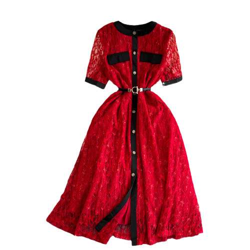 Short Sleeves Round Neck Waist Cinching Single Button Stylish A-line Dress