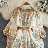 Floral Lantern Sleeve V-Neck A-Line Skirt Dress with Belt