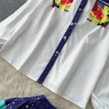 Fashionable Printed Two-Piece Set with Polo Neck Loose-Fit Shirt and High-Waisted Flared Skirt